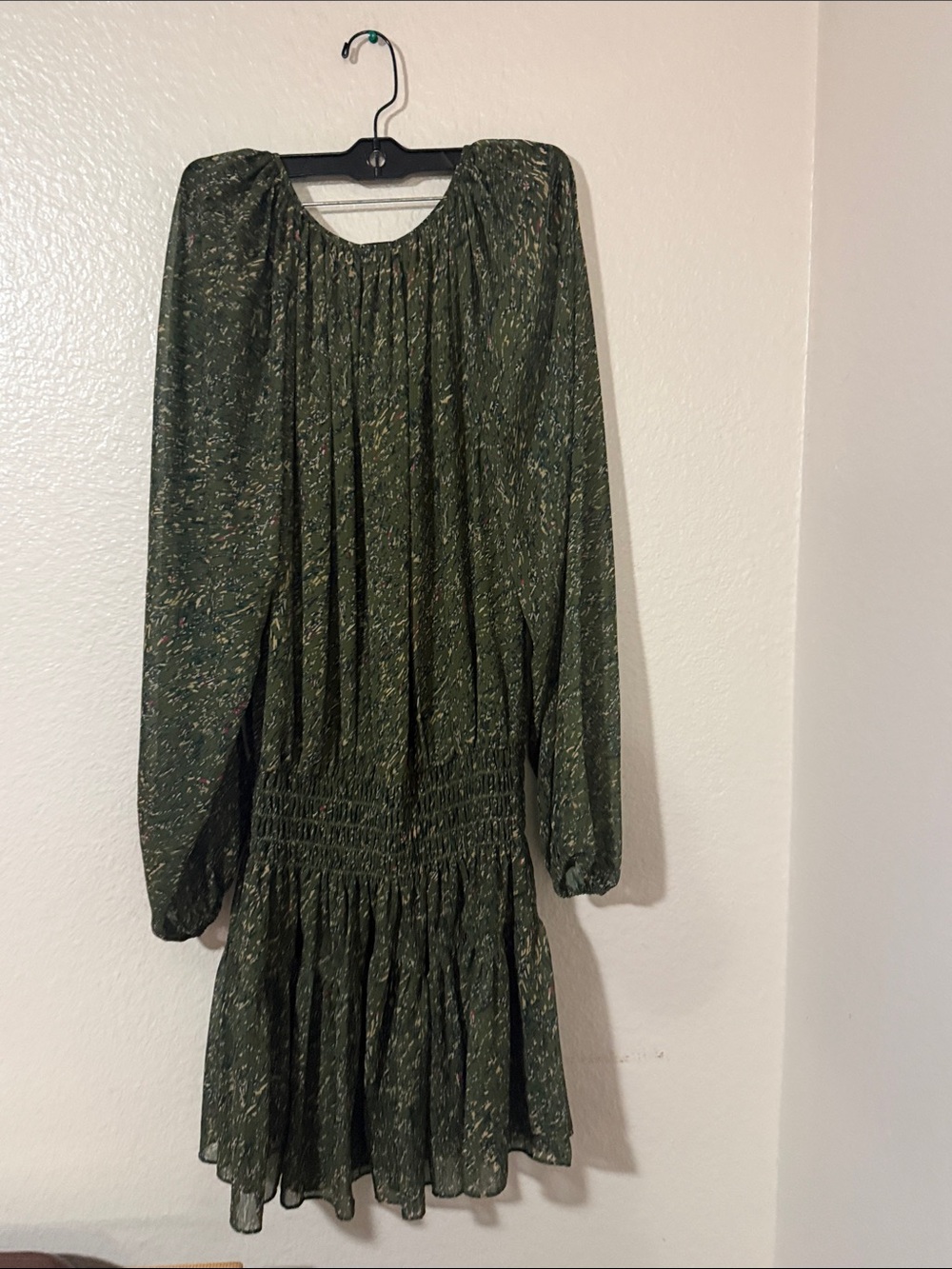 Ramy Brook Olive Speckled Long Sleeve V-Neck Smocked Dress drop waist Sz M - Picture 8 of 9